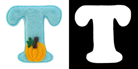 Letter T of the alphabet made of felt isolated on white with alpha mask. Cyrillic (Russian) alphabet. Font for children with educational pictures
