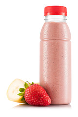 Strawberry and banana smoothie in plastic bottle - obrazy, fototapety, plakaty