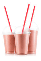 Banana and strawberry smoothie in three size of plastic cup