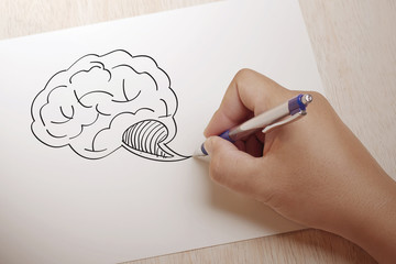 Hand drawing brain Idea sketch with coffee