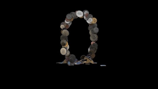 The digit "0" made out of US currency coins (dimes, nickels, pennies, quarters, half and one dollar coins). cca 4 seconds intro, 3 seconds idle, 3 seconds out. fullHD@60fps