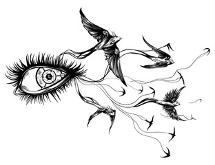 swallows flying out of his eyes, the characters do not matter, it's just squiggles