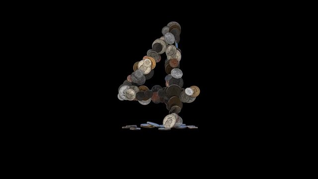 The digit "4" made out of US currency coins (dimes, nickels, pennies, quarters, half and one dollar coins). cca 4 seconds intro, 3 seconds idle, 3 seconds out. fullHD@60fps