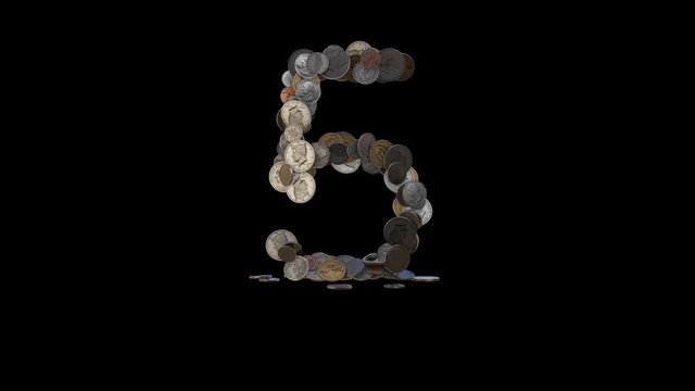 The digit "5" made out of US currency coins (dimes, nickels, pennies, quarters, half and one dollar coins). cca 4 seconds intro, 3 seconds idle, 3 seconds out. fullHD@60fps