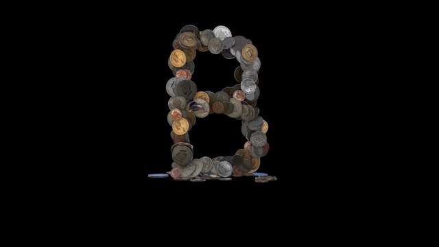 The letter "B" made out of US currency coins (dimes, nickels, pennies, quarters, half and one dollar coins). cca 4 seconds intro, 3 seconds idle, 3 seconds out. fullHD@60fps