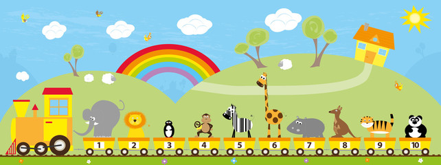 cartoon train with wild animals and numbers on the colorful rural background with rainbow / educational illustration