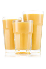 Banana, mango and pineapple smoothie in three size of glass