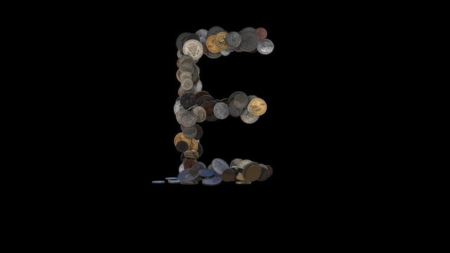 The letter "E" made out of US currency coins (dimes, nickels, pennies, quarters, half and one dollar coins). cca 4 seconds intro, 3 seconds idle, 3 seconds out. fullHD@60fps