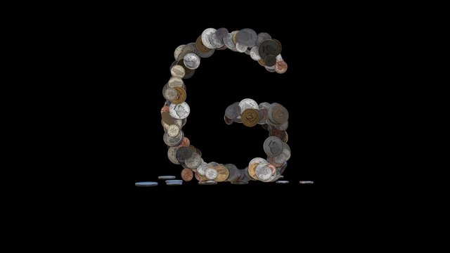 The letter "G" made out of US currency coins (dimes, nickels, pennies, quarters, half and one dollar coins). cca 4 seconds intro, 3 seconds idle, 3 seconds out. fullHD@60fps