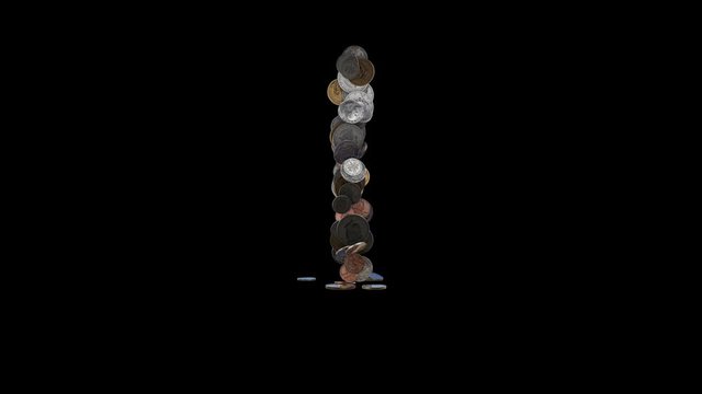 The letter "I" made out of US currency coins (dimes, nickels, pennies, quarters, half and one dollar coins). cca 4 seconds intro, 3 seconds idle, 3 seconds out. fullHD@60fps