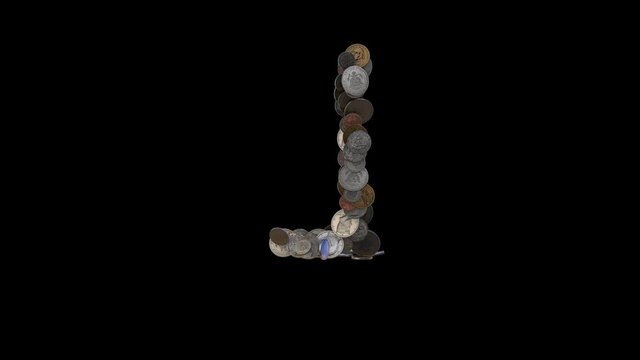 The letter "J" made out of US currency coins (dimes, nickels, pennies, quarters, half and one dollar coins). cca 4 seconds intro, 3 seconds idle, 3 seconds out. fullHD@60fps