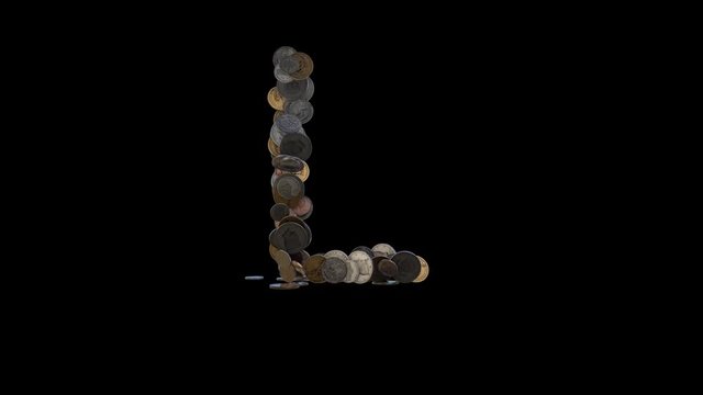 The letter "L" made out of US currency coins (dimes, nickels, pennies, quarters, half and one dollar coins). cca 4 seconds intro, 3 seconds idle, 3 seconds out. fullHD@60fps