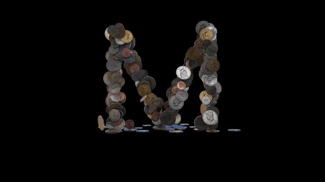 The letter "M" made out of US currency coins (dimes, nickels, pennies, quarters, half and one dollar coins). cca 4 seconds intro, 3 seconds idle, 3 seconds out. fullHD@60fps