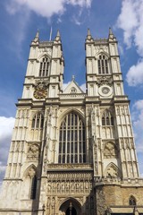 Fototapeta na wymiar Westminster Abbey, London, west face beneath blue sky