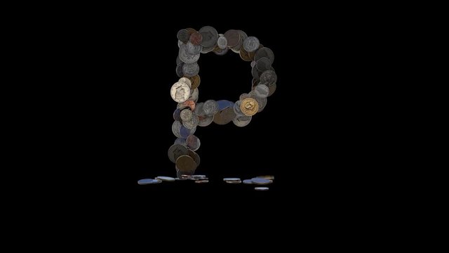The letter "P" made out of US currency coins (dimes, nickels, pennies, quarters, half and one dollar coins). cca 4 seconds intro, 3 seconds idle, 3 seconds out. fullHD@60fps