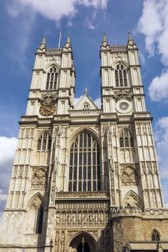 Westminster Abbey, London, west face beneath blue sky