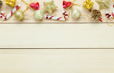 Top view Christmas decoration and ornament on wooden table.