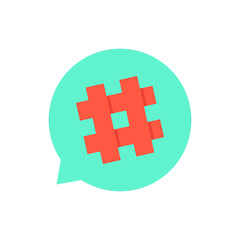 green speech bubble with red hashtag