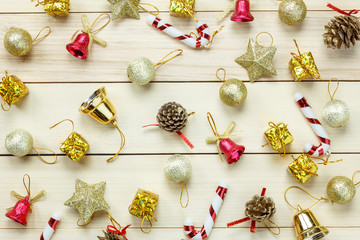 Top view Chrismas decoration and ornament on wooden table.