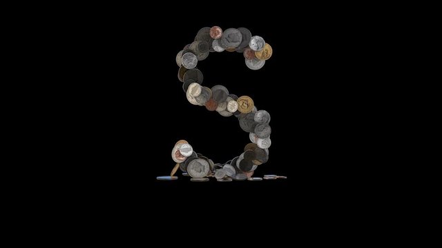 The letter "S" made out of US currency coins (dimes, nickels, pennies, quarters, half and one dollar coins). cca 4 seconds intro, 3 seconds idle, 3 seconds out. fullHD@60fps