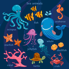 Sea animals collection octopus, fish, whale, jellyfish