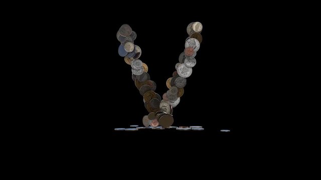 The letter "V" made out of US currency coins (dimes, nickels, pennies, quarters, half and one dollar coins). cca 4 seconds intro, 3 seconds idle, 3 seconds out. fullHD@60fps