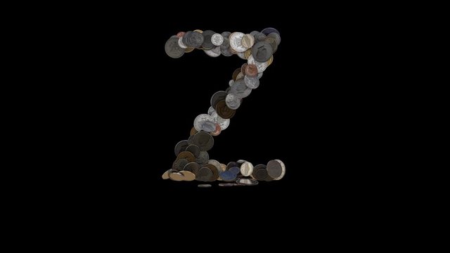 The letter "Z" made out of US currency coins (dimes, nickels, pennies, quarters, half and one dollar coins). cca 4 seconds intro, 3 seconds idle, 3 seconds out. fullHD@60fps
