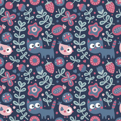 Seamless cute floral and animal pattern with cat, bird, flowers, plants, leaf, berry