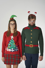 Shy nerds on gray background