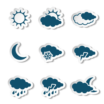 Vector set of white various stickers with dark blue weather symbols, elements of forecast