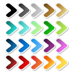 Vector arrow stickers. Black, grey, silver, dark, golden, cyan, turquoise, blue, green, purple, red, orange and yellow label with white outline. Simple buttons.