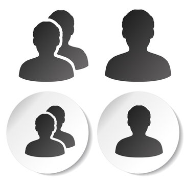Vector user and community black symbols. Simple man silhouette. Profile labels on white round sticker. Sign of member or person on social network.
