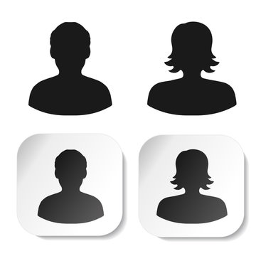 Vector user black symbols. Simple man and woman silhouette. Profile labels on white square sticker. Sign of member or person on social network. Male and female icon.