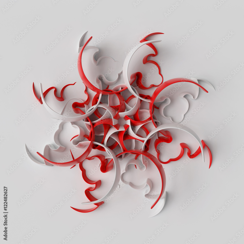 Poster 3d rendering absctract background with repeat of deformed geometry shapes. center oriented compositi