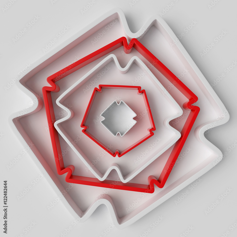 Poster 3d rendering absctract background with repeat of deformed geometry shapes. center oriented compositi