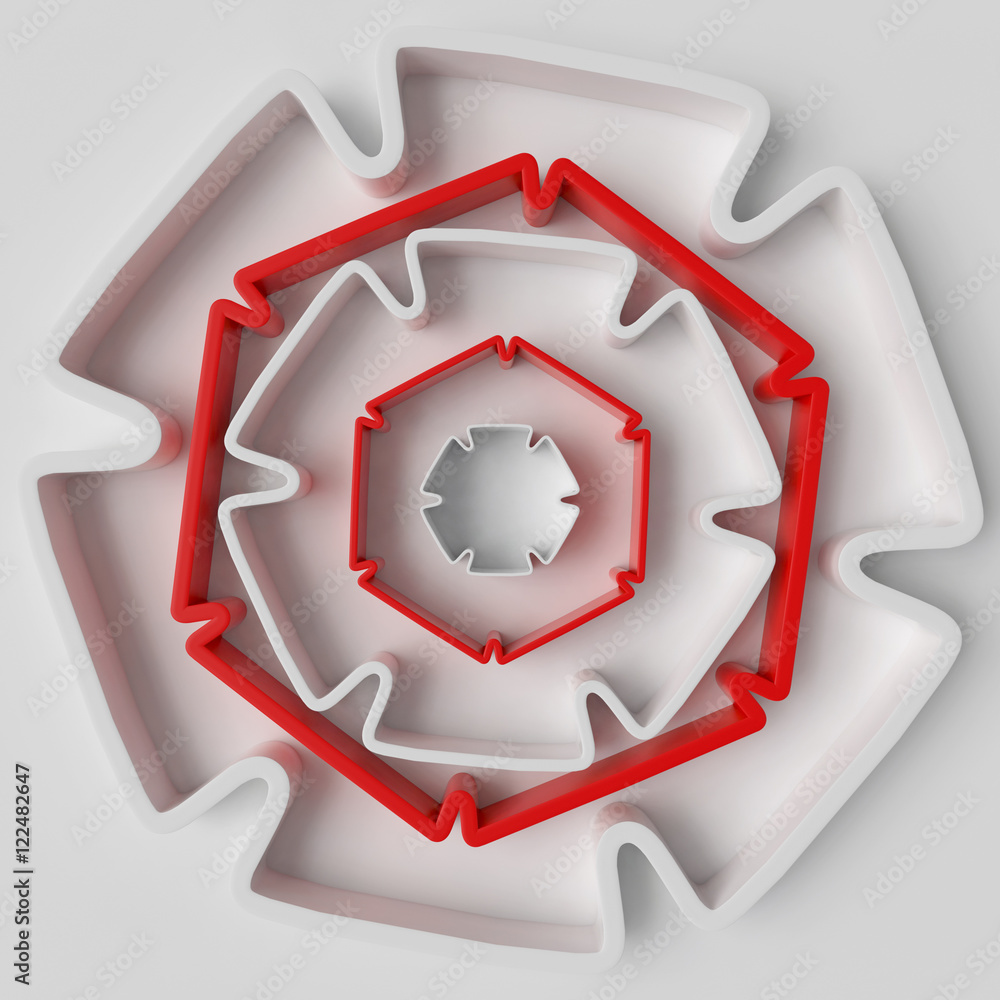 Poster 3d rendering absctract background with repeat of deformed geometry shapes. center oriented compositi