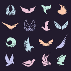 Isolated abstract colorful birds and butterflies wings with feathers logo set on black background. Flight logotype collection. Air icons. Vector  illustration. Eagle,pigeon,hawk silhouette .