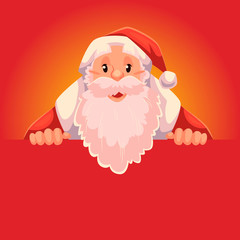Santa Claus holding a sign with a place for text, cartoon style vector illustration isolated on red background. Half length portrait of Santa holding an empty board, Christmas decoration element