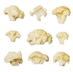 Fresh cauliflower cabbage isolated on white background. Set of different foreshortening. Collage of cauliflower cabbage.