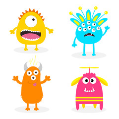 Monster set. Cute cartoon scary character. Baby collection. White background. Isolated. Happy Halloween card. Flat design.