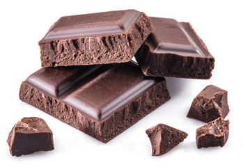 Pieces of chocolate bar isolated on a white background.