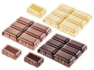 Pieces of chocolate bar. File contains clipping paths.