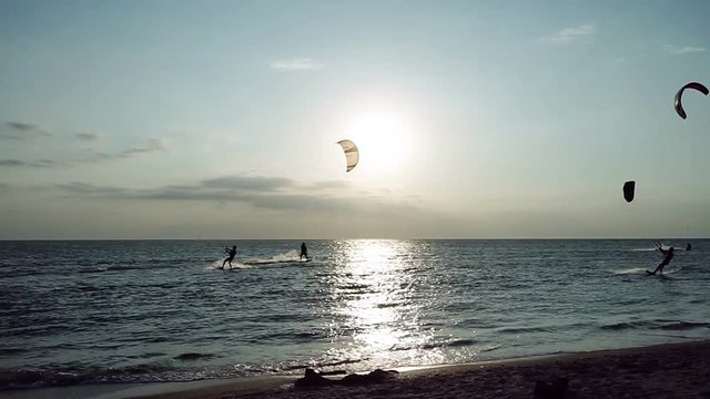 Kitesurfing. Five kitesurfers going surfing on the surfboards on waves at sunset. HD