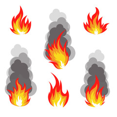 Isolated abstract red and orange color fire flame logo set on white background. Campfire with smoke logotype collection. Spicy food symbol. Heat icon. Hot energy sign. Vector  illustration.