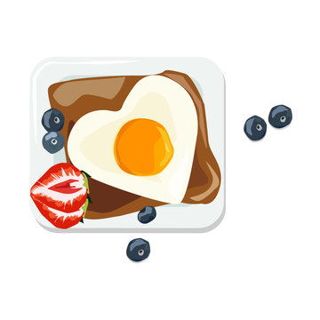 Breakfast view from above. Scrambled eggs on toast with strawberry slices and blueberries. Vector illustration