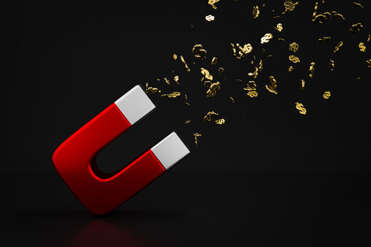 3D rendering of red magnet with flying dollar sign