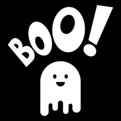 Icono plano BOO y fantasma sonriente sobre fondo negro