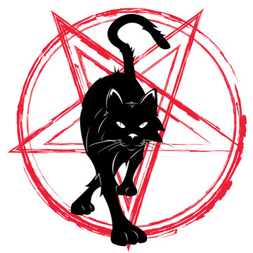 Baphomet star pentagram and black cat. 