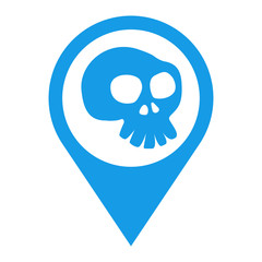 Icono plano localizacion caricatura de calavera color azul