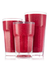 Apple and raspberry smoothie in three size of glass